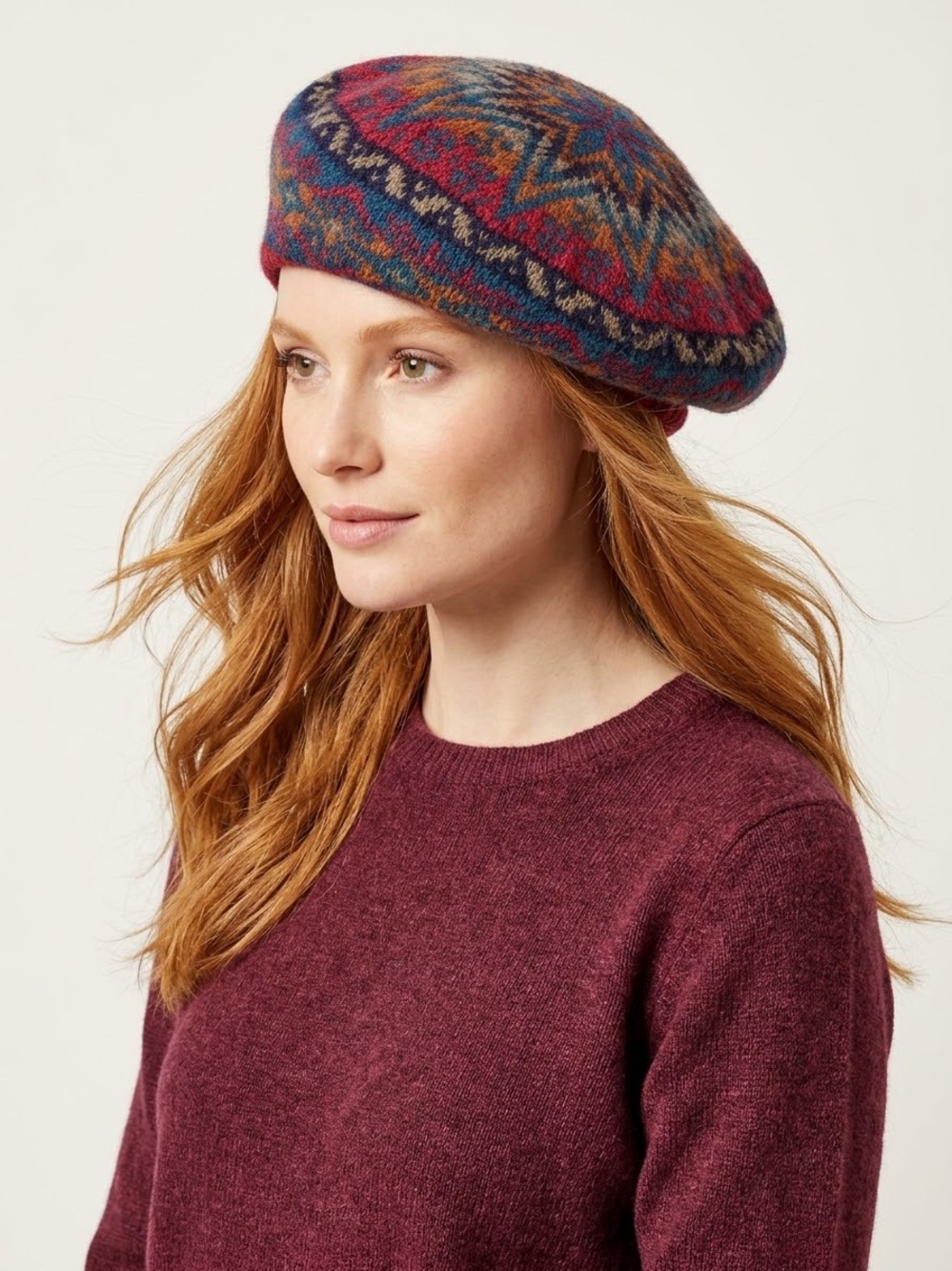 VTG Shetland Designer Fair Isle Tam Beret 100% Pure New Wool Hand Knitted NOS
